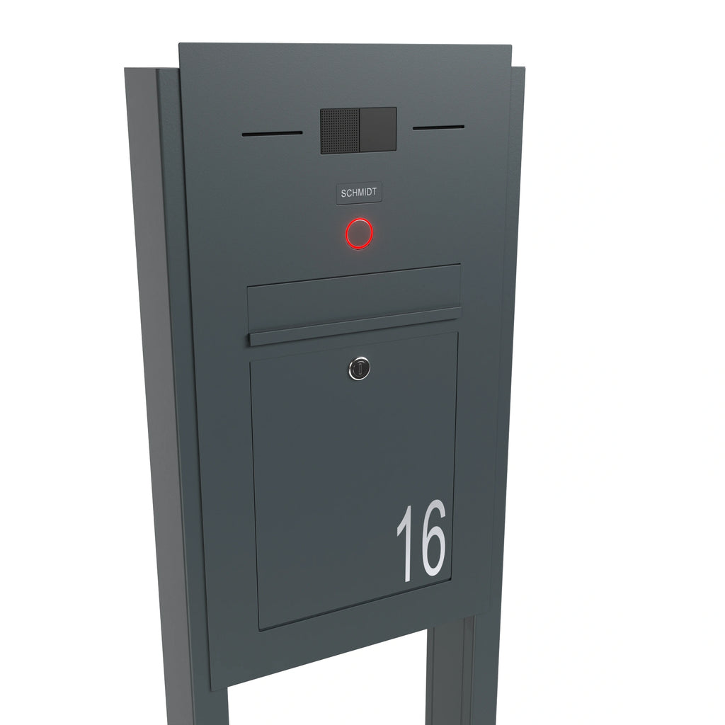 Freistehender Briefkasten B2 Audio LC aus Edelstahl in Anthrazit mit Klingel und Hausnummer 16