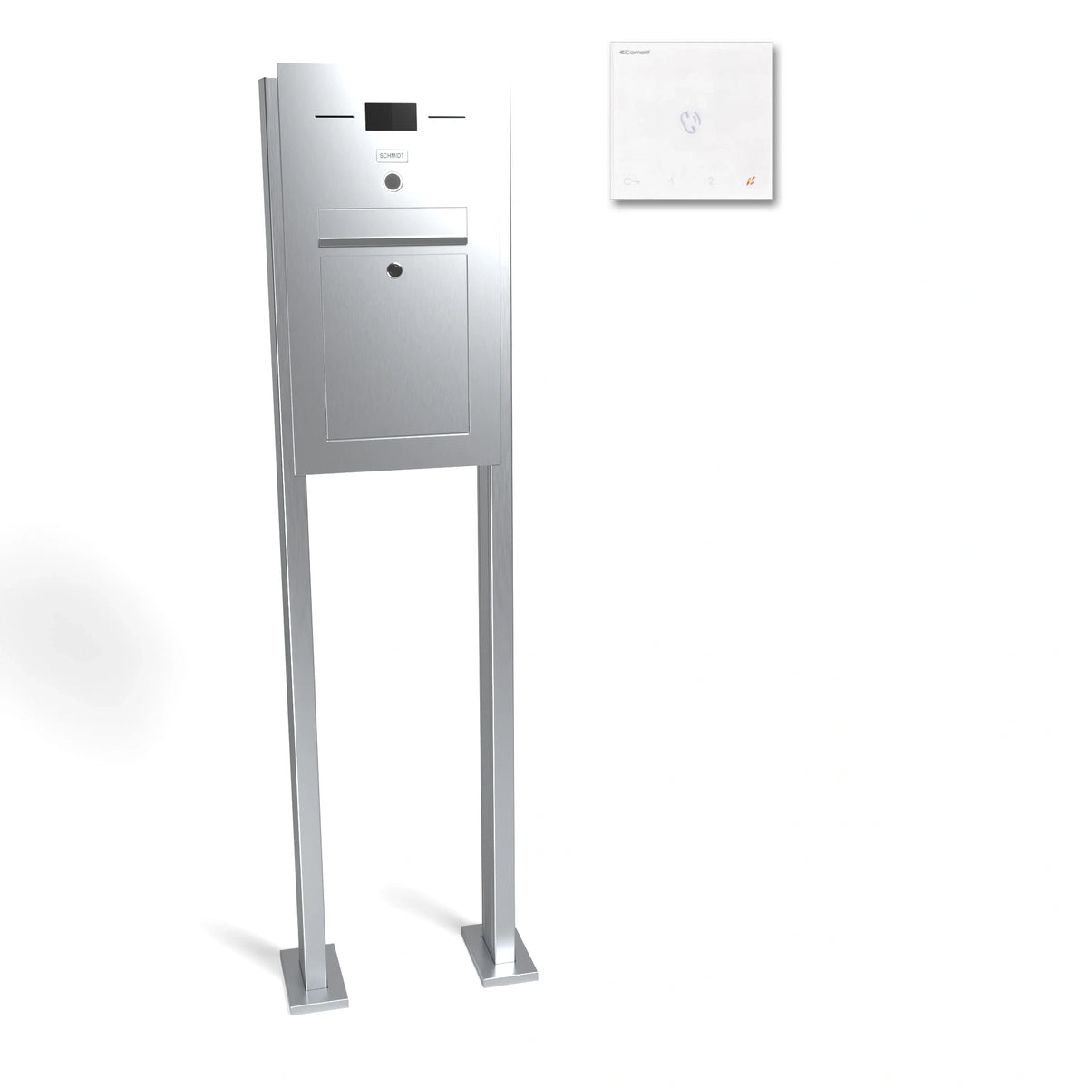 Freistehender Edelstahl Briefkasten B2 Audio LC mit integrierter Sprechanlage und Innenstation