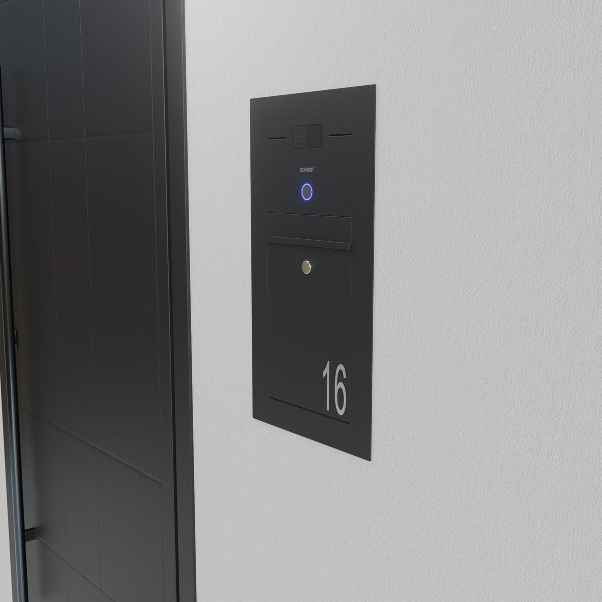 Briefkasten Edelstahl B2A-LC in Schwarz mit Klingel und Hausnummer 16 an einer Wand