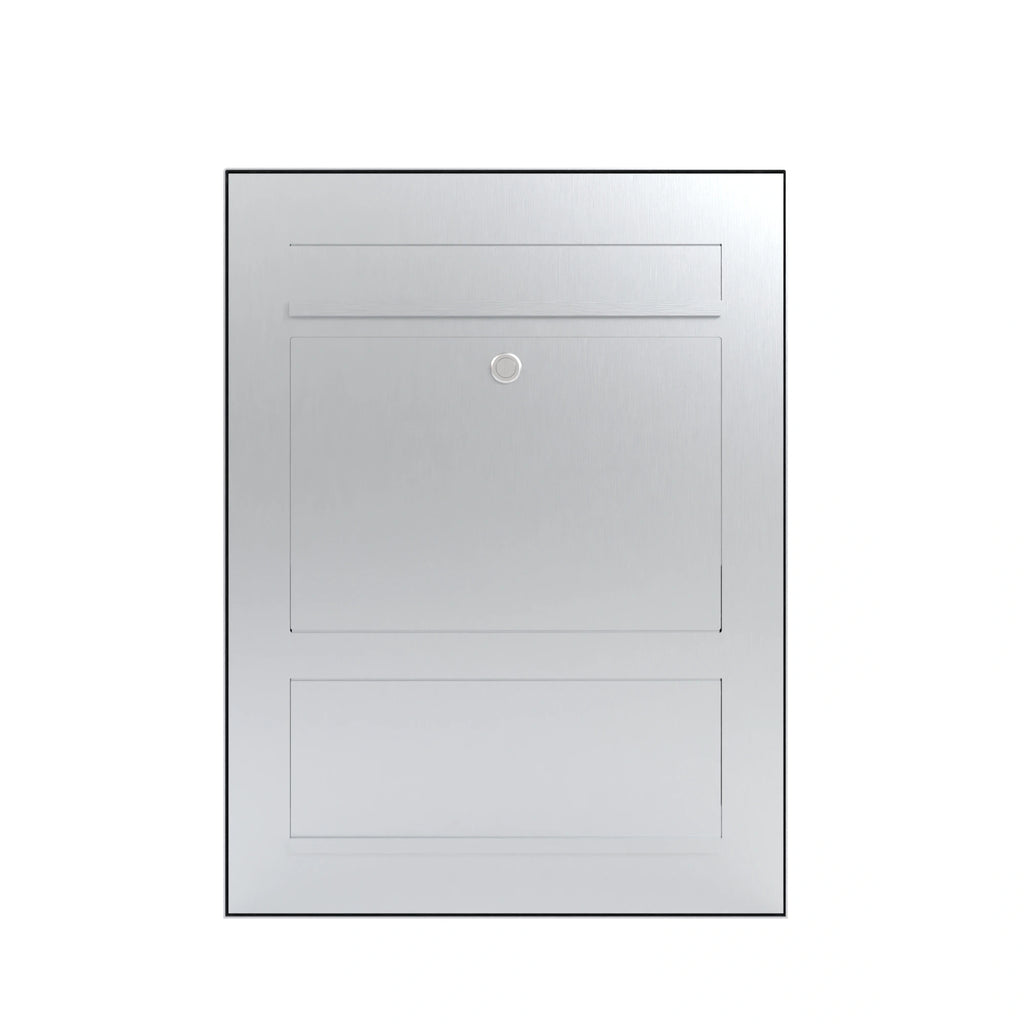 Edelstahl Aufputz Briefkasten B3 Compact mit integriertem Zeitungsfach, Frontansicht, modernes Design, langlebiges Material