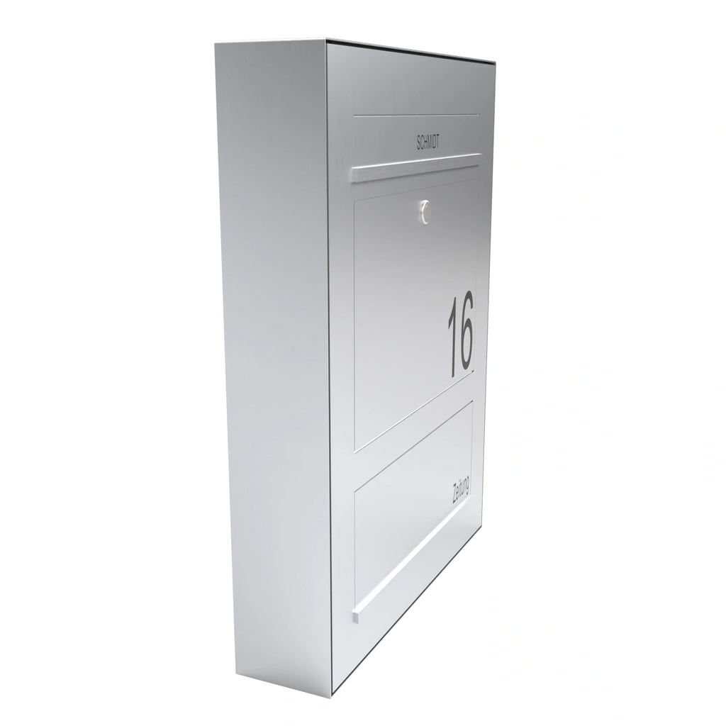 Edelstahl Briefkasten B3 Compact Aufputz mit Zeitungsfach, links angebracht, modernes Design, langlebig und wetterfest