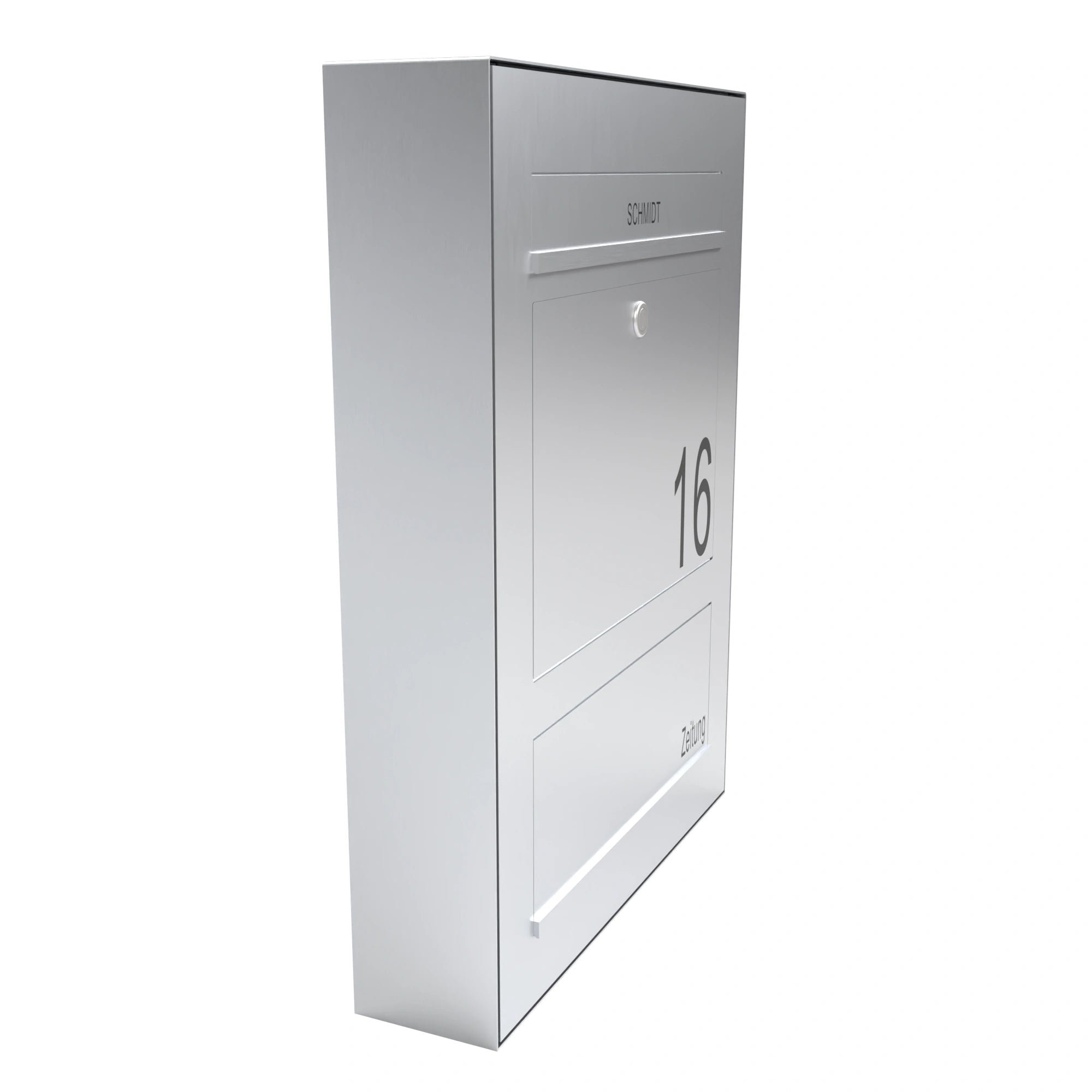 Edelstahl Briefkasten B3 Compact Aufputz mit Zeitungsfach, links angebracht, modernes Design, langlebig und wetterfest