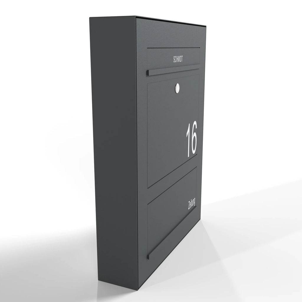 Edelstahl Briefkasten B3 Compact Aufputz mit Zeitungsfach, links angebracht, modernes Design, wetterfest, langlebig