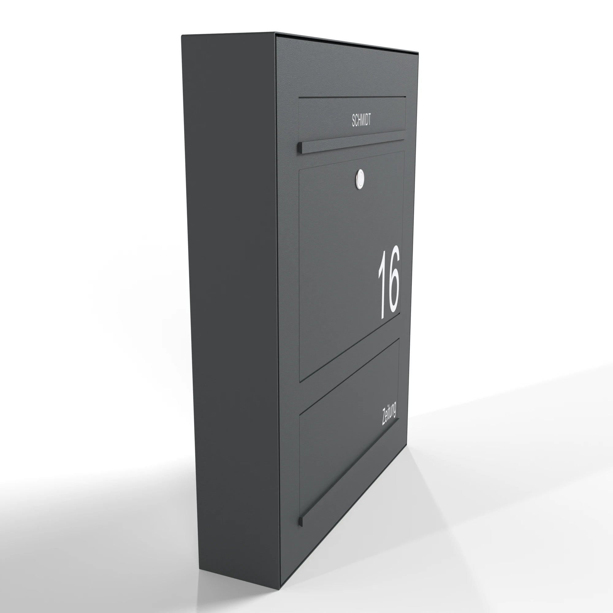 Edelstahl Briefkasten B3 Compact Aufputz mit Zeitungsfach, links angebracht, modernes Design, wetterfest, langlebig