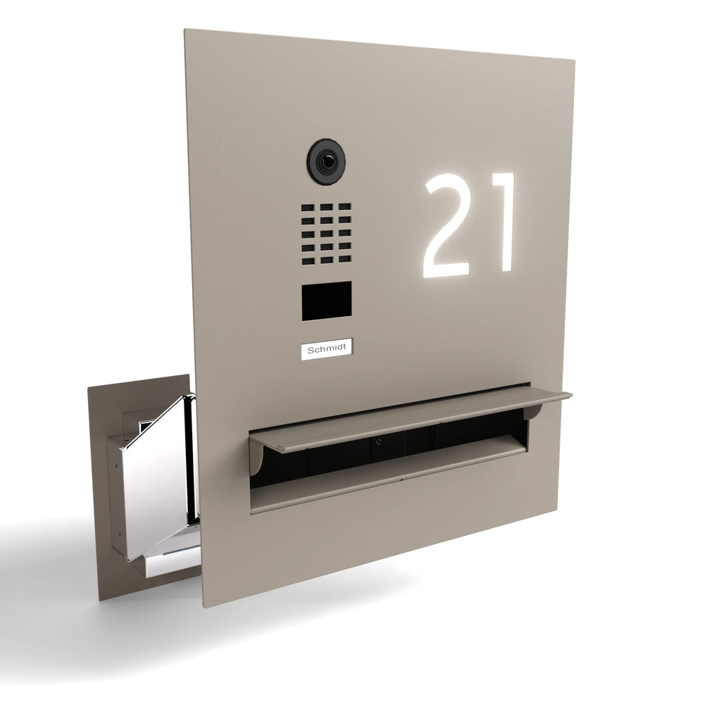 Edelstahl Durchwurfanlage B3V-DoorBird mit integrierter Kamera und beleuchteter Hausnummer