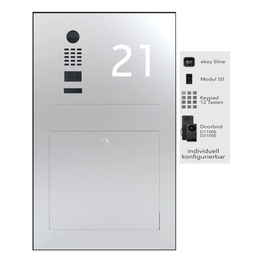 Briefkasten mit Videosprechanlage B3V-DoorBird zur Aufputzmontage und Hausnummer 21