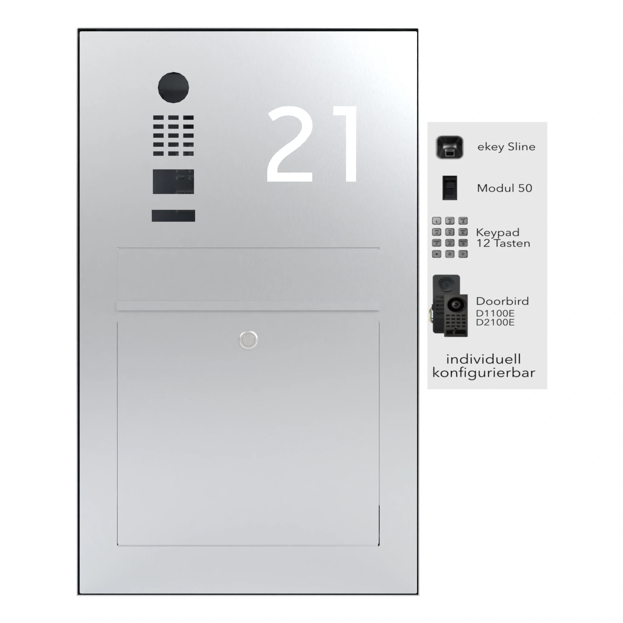 Briefkasten mit Videosprechanlage B3V-DoorBird zur Aufputzmontage und Hausnummer 21
