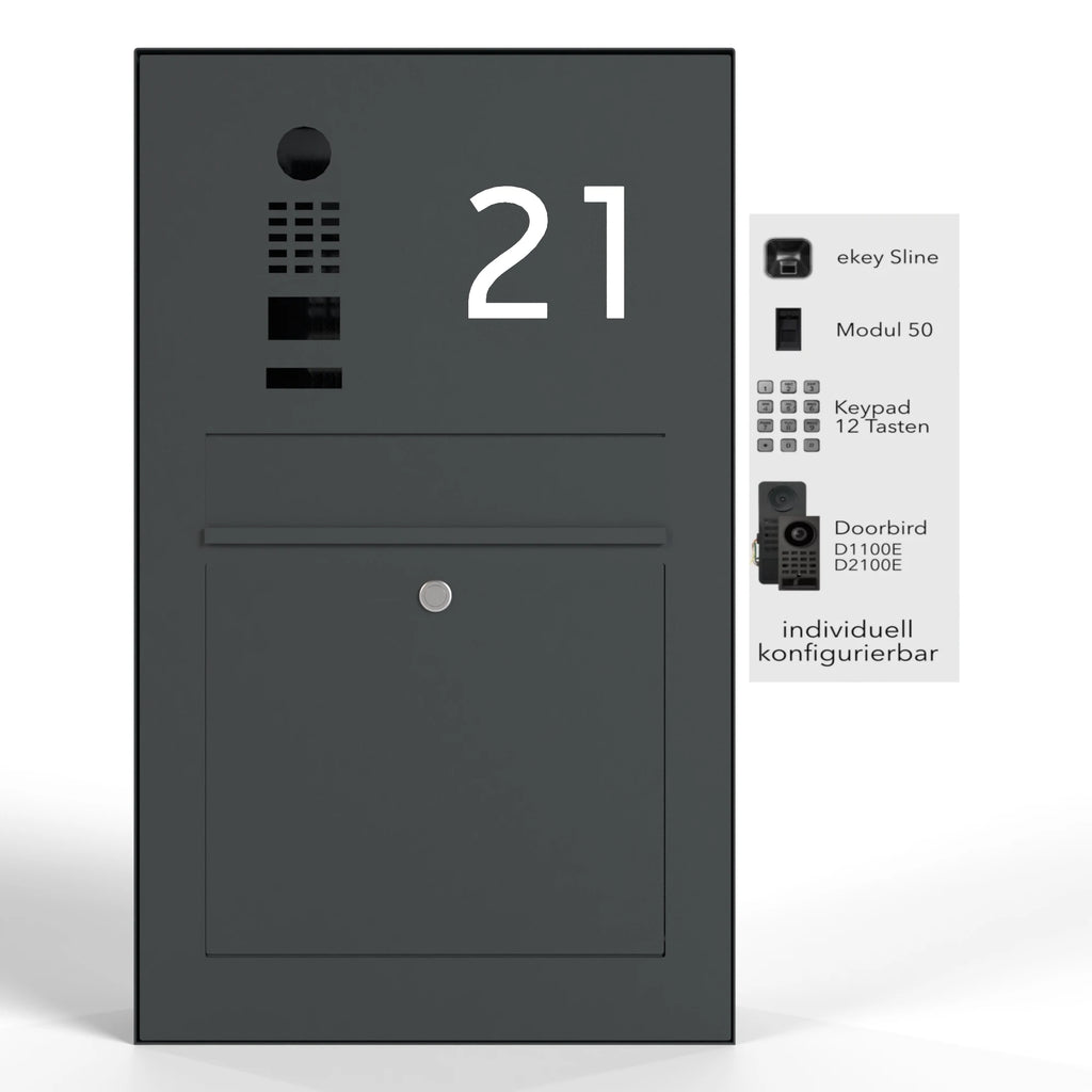 Briefkasten mit Videosprechanlage und Hausnummer 21 zur Aufputzmontage