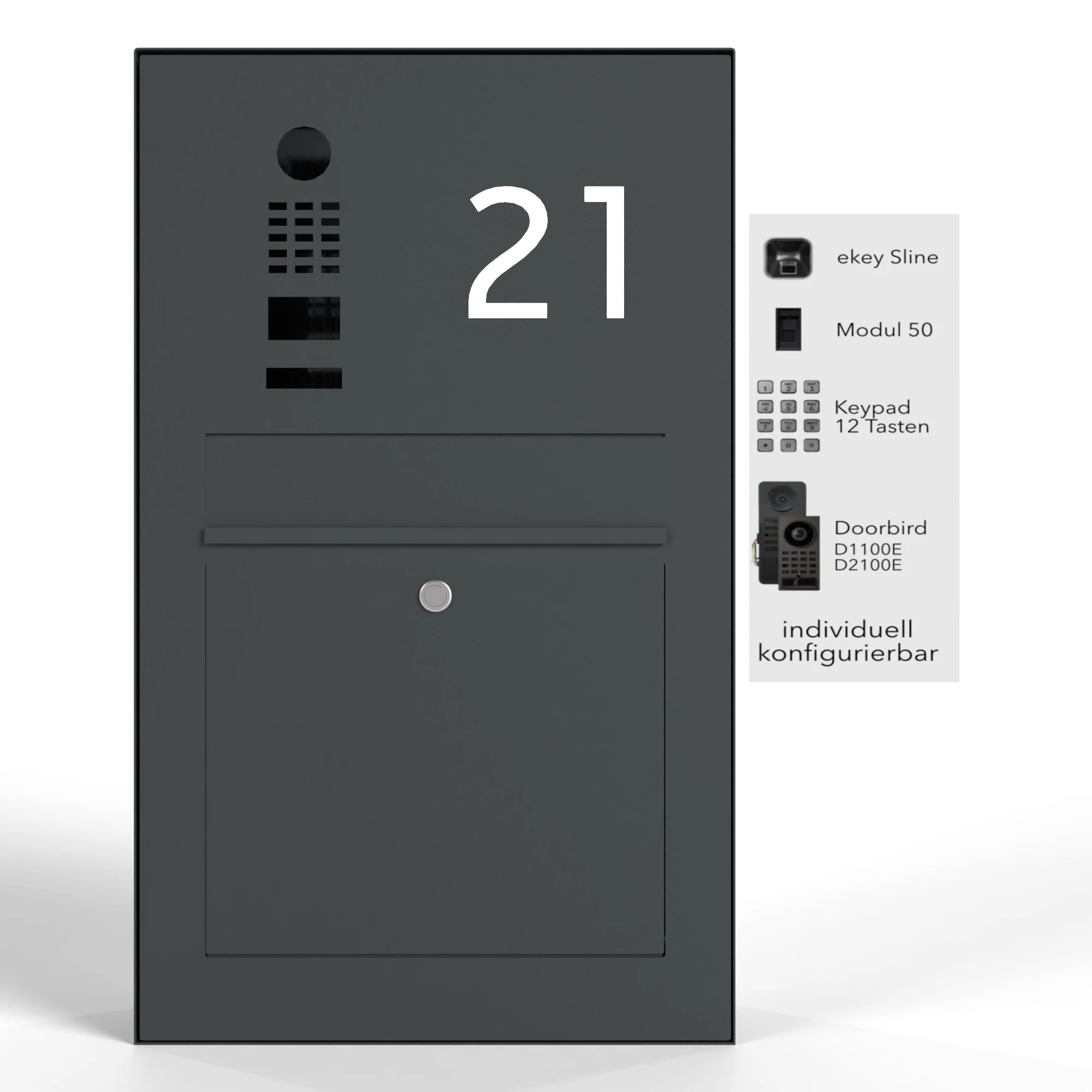Briefkasten mit Videosprechanlage und Hausnummer 21 zur Aufputzmontage