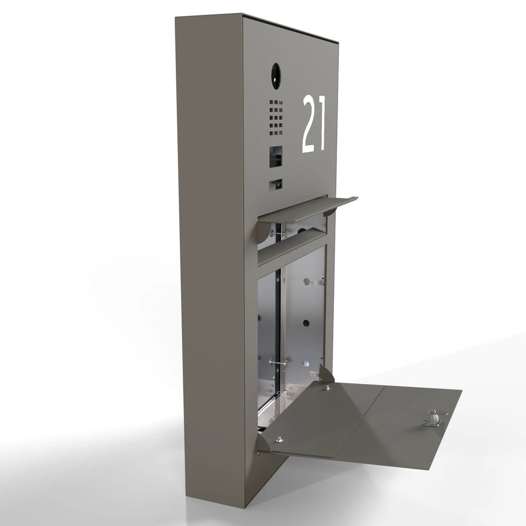 Briefkasten mit Videosprechanlage und Hausnummer B3V-DoorBird zur Aufputzmontage mit geöffneter Entnahmeklappe