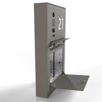 Briefkasten mit Videosprechanlage und Hausnummer B3V-DoorBird zur Aufputzmontage mit geöffneter Entnahmeklappe