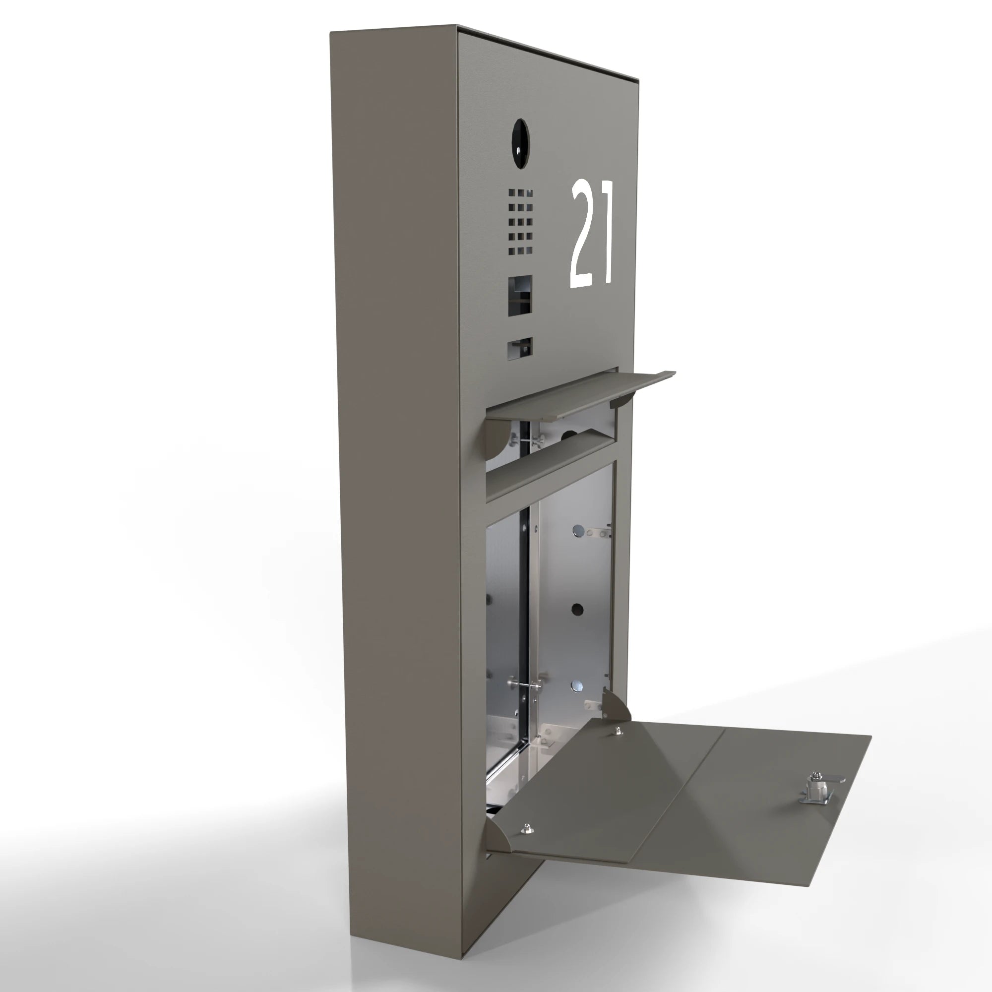 Briefkasten mit Videosprechanlage und Hausnummer B3V-DoorBird zur Aufputzmontage mit geöffneter Entnahmeklappe