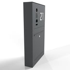 Dunkelgrauer Aufputz Briefkasten mit integrierter DoorBird Videosprechanlage und Hausnummer 21