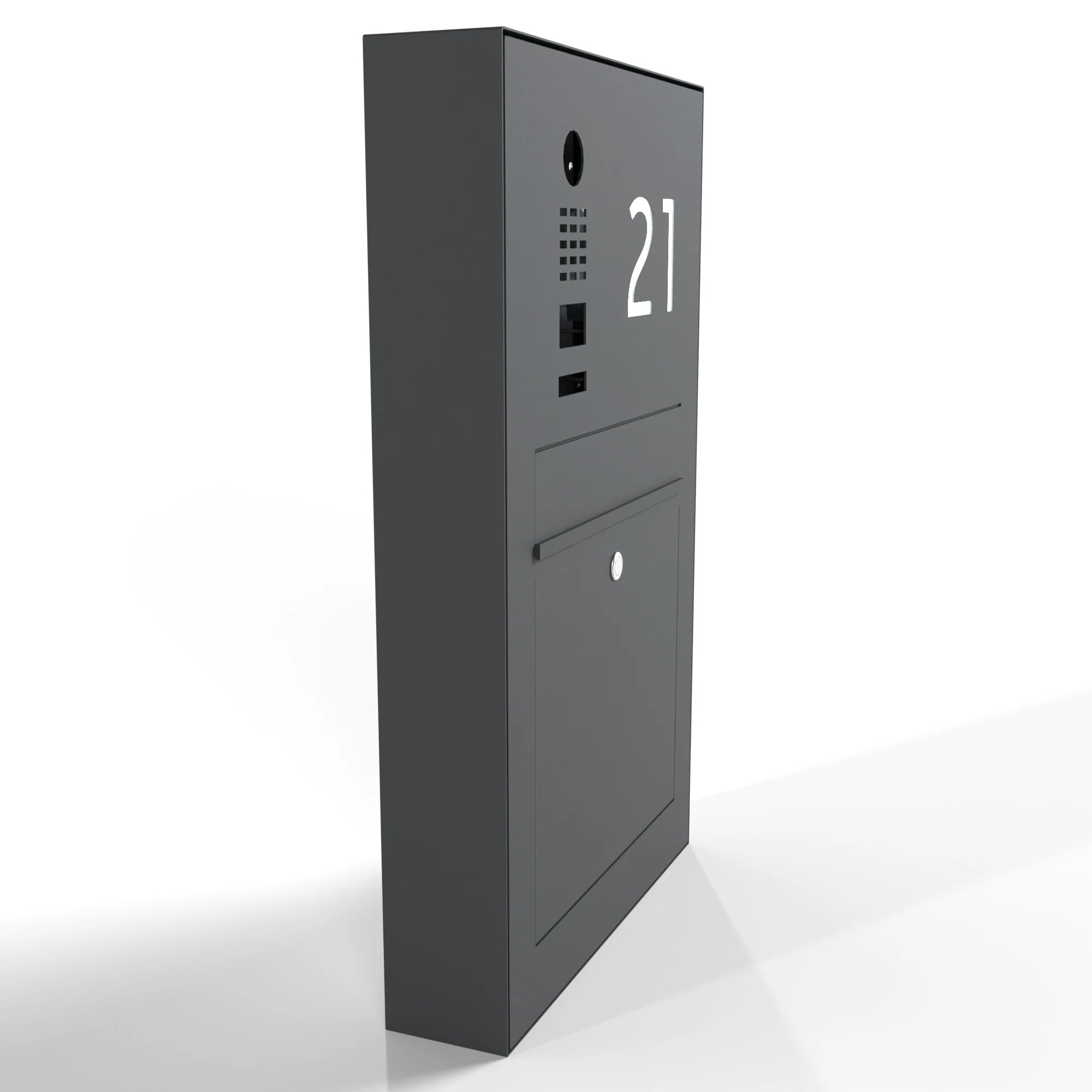 Dunkelgrauer Aufputz Briefkasten mit integrierter DoorBird Videosprechanlage und Hausnummer 21