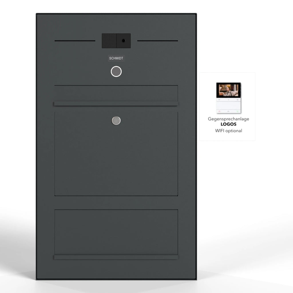 Briefkasten aus Edelstahl mit Zeitungsfach und Video-LC, Aufputz-Design, B3 Compact Modell, moderne Briefkasten-Installation