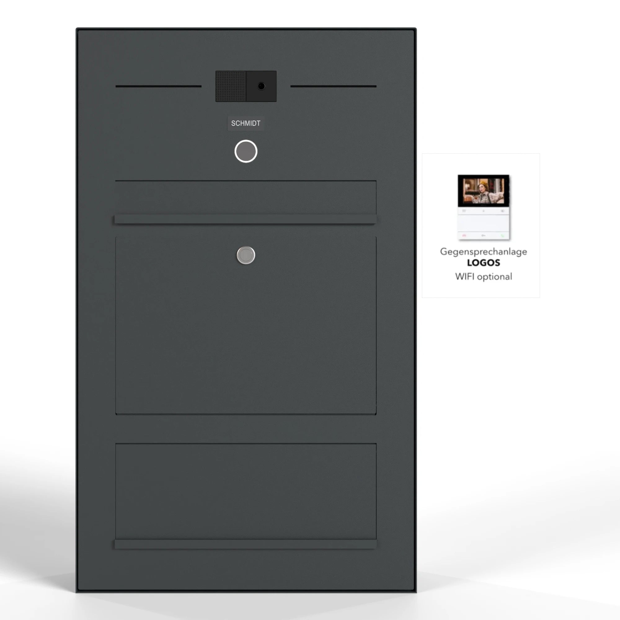 Briefkasten aus Edelstahl mit Zeitungsfach und Video-LC, Aufputz-Design, B3 Compact Modell, moderne Briefkasten-Installation