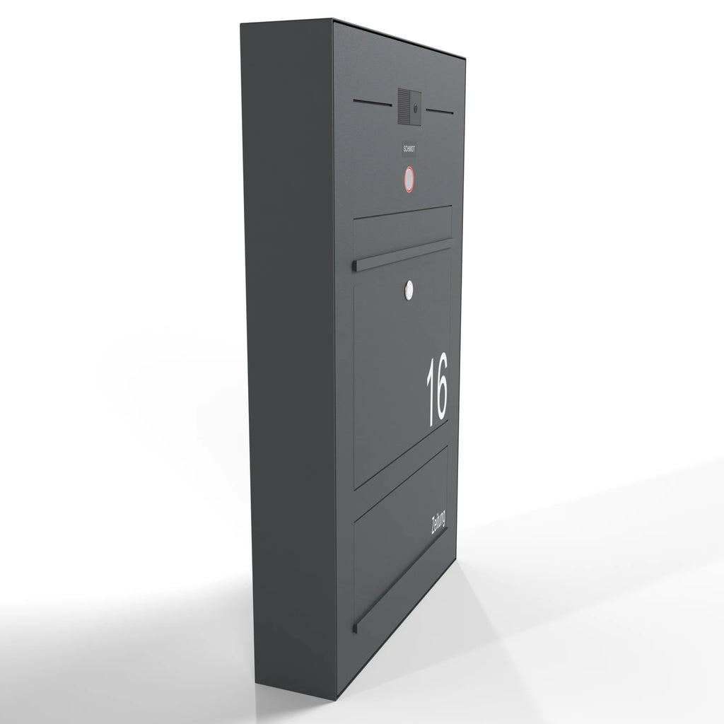 Briefkasten aus Edelstahl, Aufputz B3 Compact Video-LC, mit integriertem Zeitungsfach und moderner Oberfläche, links montiert.