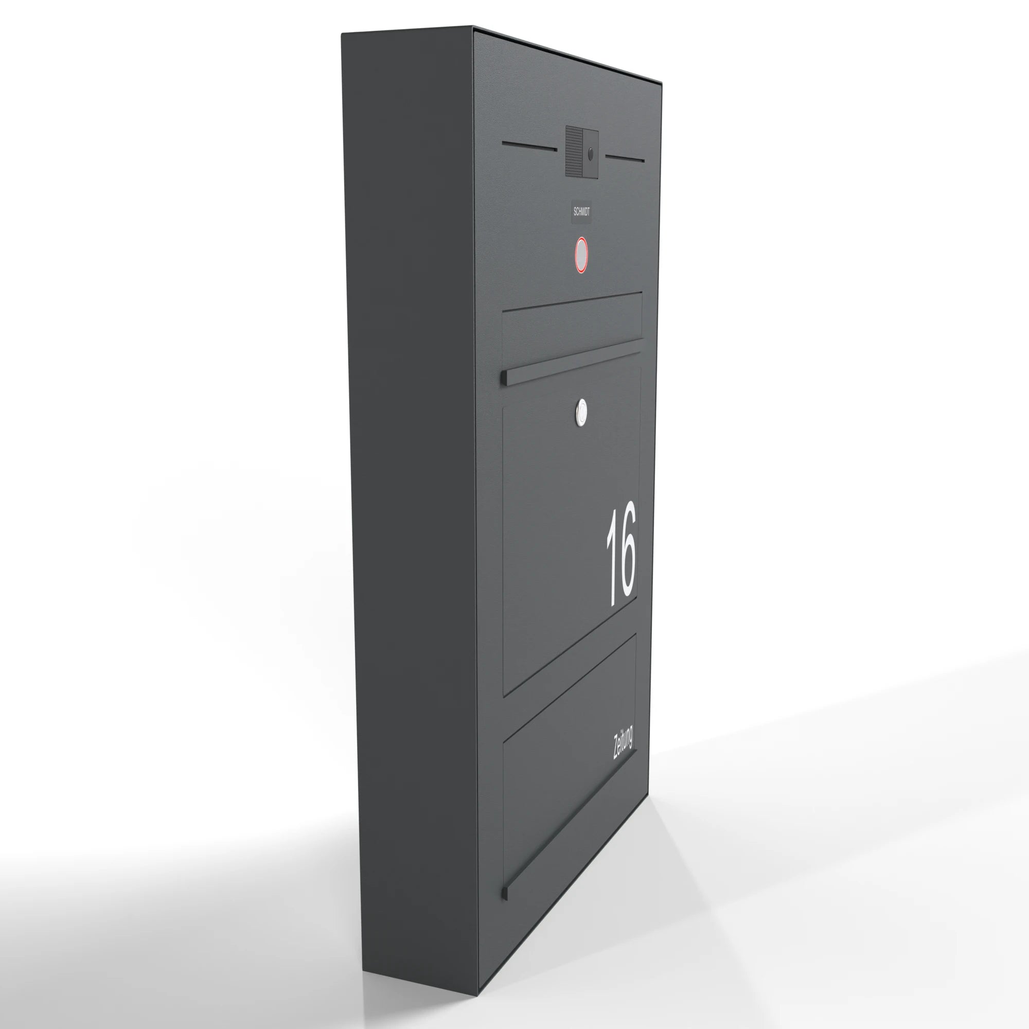 Briefkasten aus Edelstahl, Aufputz B3 Compact Video-LC, mit integriertem Zeitungsfach und moderner Oberfläche, links montiert.