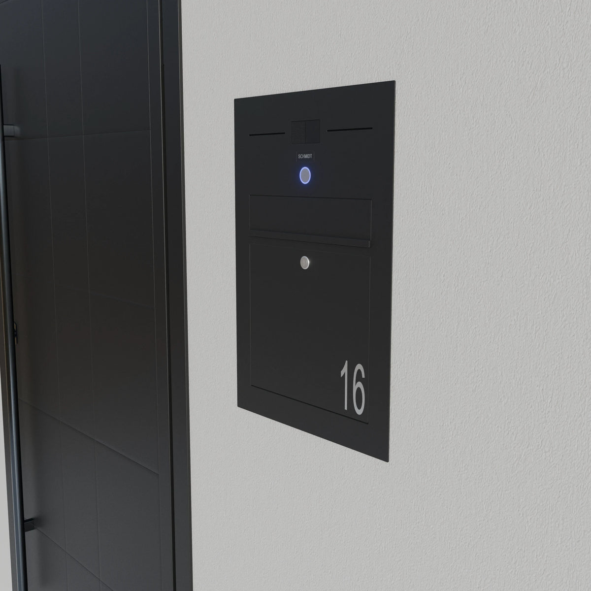 Schwarzer Briefkasten Edelstahl B3A-LC mit Klingel und Hausnummer 16 in einer Wand eingelassen