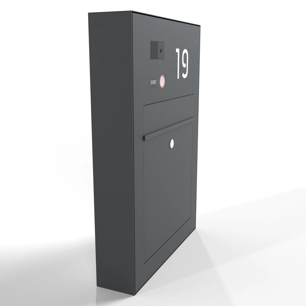 Grauer Briefkasten Aufputz Edelstahl B3V-LC Ultra mit Hausnummer 19 und Klingel