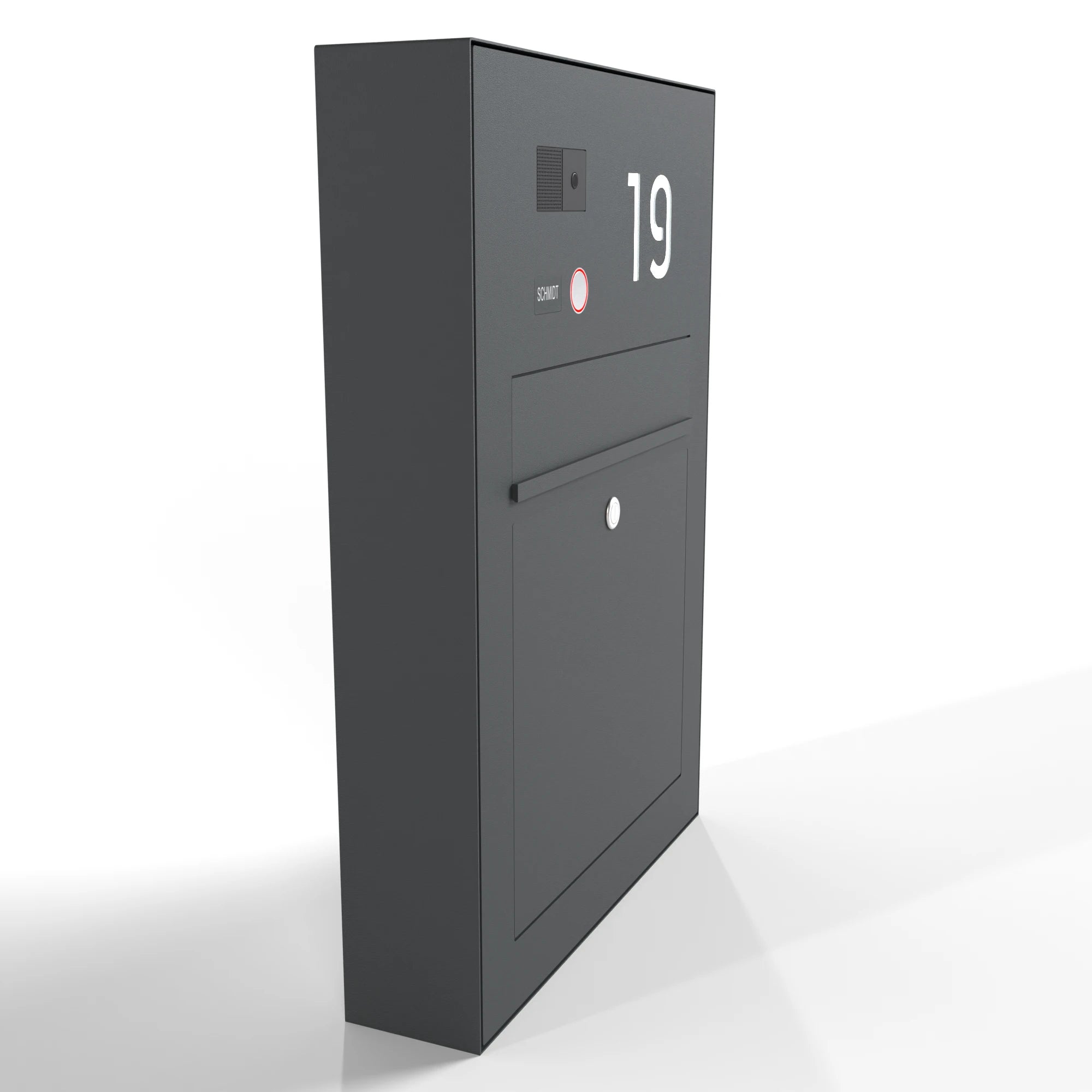 Grauer Briefkasten Aufputz Edelstahl B3V-LC Ultra mit Hausnummer 19 und Klingel