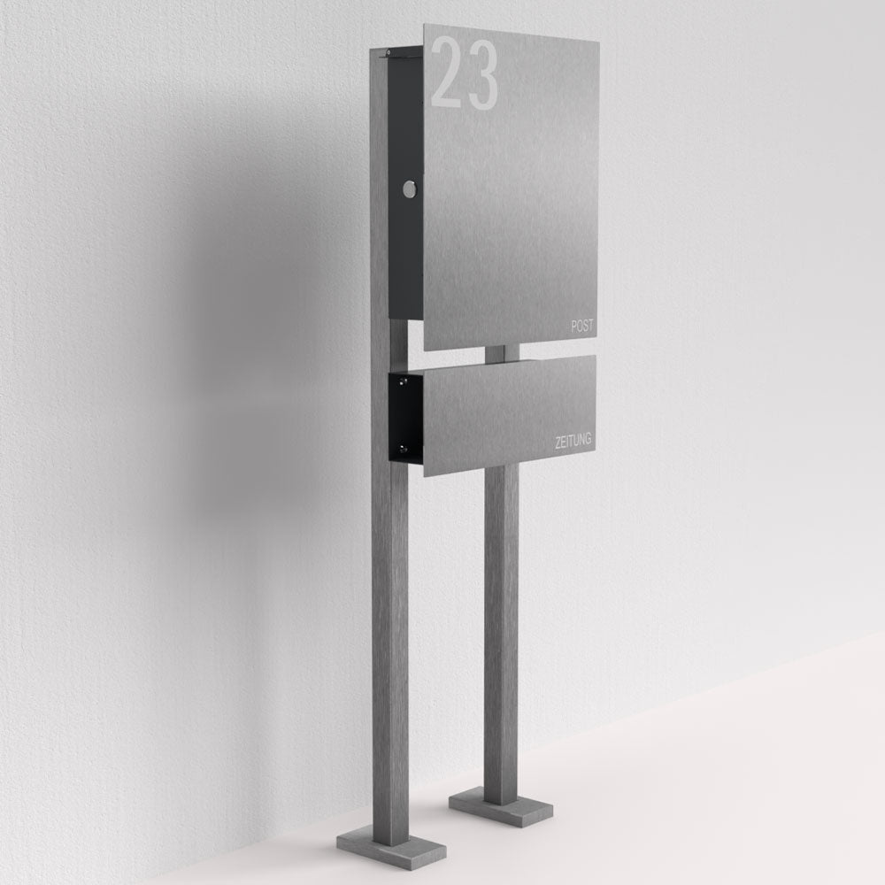 Edelstahl Briefkasten mit Zeitungsfach freistehend – B1 Steel