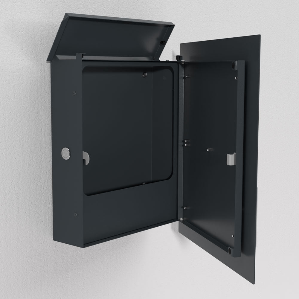 Briefkasten aus Edelstahl B1 Shield von Briefkasten1, offen, mit anthrazitfarbener Pulverbeschichtung RAL7016, modernes Design