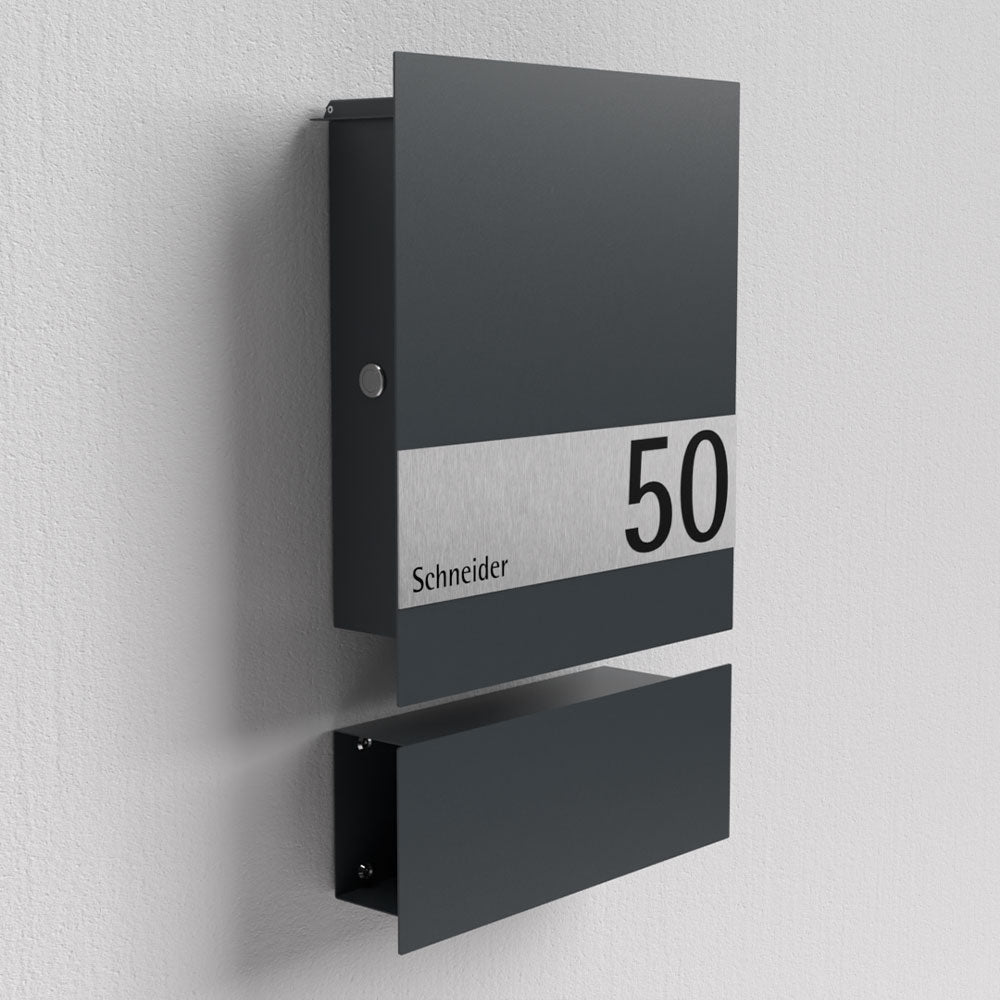 Edelstahl Briefkasten mit Zeitungsfach, gebürstete Oberfläche, Seitenteil, RAL 7016 Pulverbeschichtung, Modell B1 Shield von Briefkasten1