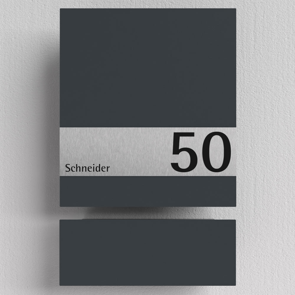 Briefkasten aus Edelstahl mit Zeitungsfach, geschliffen, B1 Shield, pulverbeschichtet in RAL7016, modernes Design