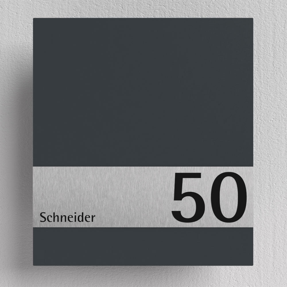 Edelstahl Briefkasten B1 Shield mit geschliffener Oberfläche und RAL7016 Pulverbeschichtung, wetterfest und langlebig
