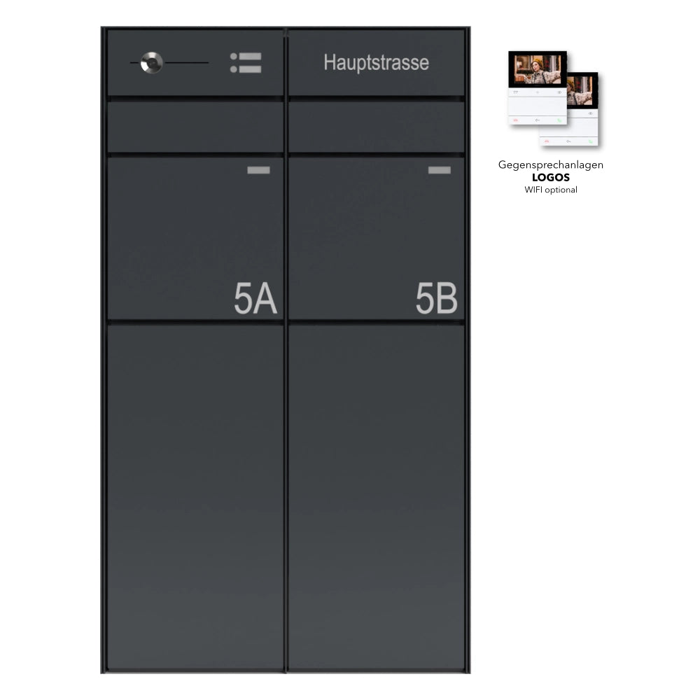 Doppelbriefkastenanlage B7 Video Stele von Briefkasten1, moderne Briefkastenanlage mit Videoüberwachung und stilvoller Stele.