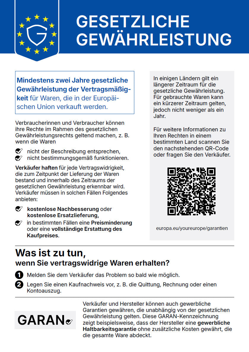 Infografik zur gesetzlichen Gewährleistung in der EU mit QR Code und Erläuterungen zu Verbraucherrechten